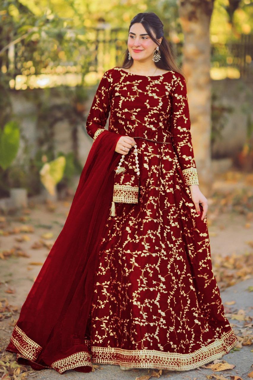 Beautiful Maroon Katan Silk Lehenga Choli Set - 4 Pcs with Embroidered Pattern